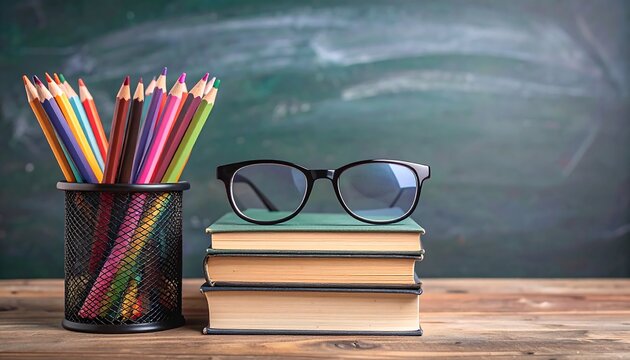 Colorful pencils and books on a wooden table against a chalkboard background