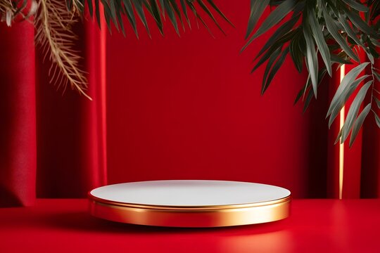 White podium on red background with palm leaf decor.