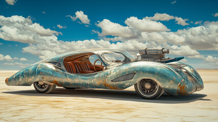 Surreal 1920s-inspired concept car with a fluid, aerodynamic metallic body and oversized exposed engine, parked on a cracked desert surface under a vivid sky with fluffy clouds. 
