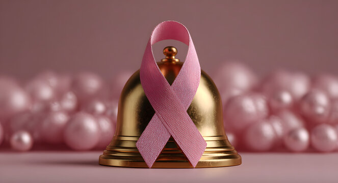 Breast cancer awareness ribbon with gift box bell notification decoration background, copy space text, 3d rendering illustration - Powered by Adobe