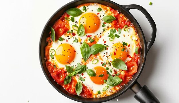Delicious shakshuka in frying pan isolated on white, top view