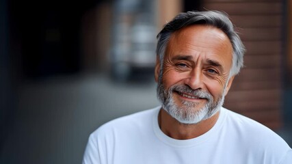 Smiling senior man expressing joy with a positive emotional state. Portrait of an older adult feeling better. Mental wellness concept, footage.