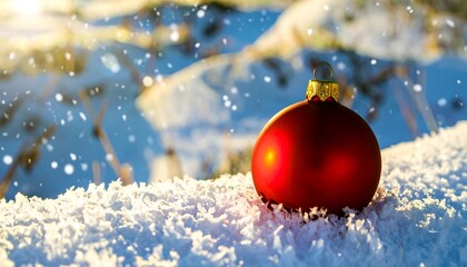 Red ornament sits on snowy frost with sunlit bokeh and falling snow behind