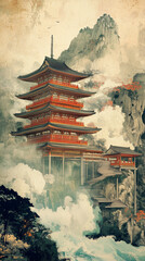 Traditional Japanese pagoda temple in a dramatic mountain and ocean landscape, illustrated in ukiyo-e woodblock style.