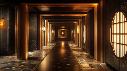Luxurious corridor blending traditional Japanese design with modern architecture, featuring warm lighting and symmetrical columns.