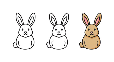 Obraz premium Three adorable bunnies, a simple line drawing, a filled outline, and a colored version, ready for coloring pages, Easter crafts, or springtime designs.