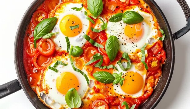 Delicious shakshuka in frying pan isolated on white, top view