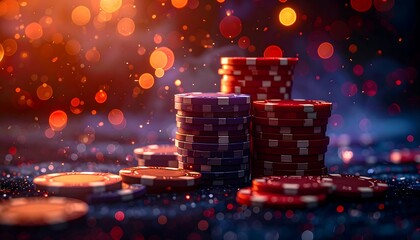 Stacks of poker chips on a sparkling surface