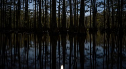 Mysterious Cypress Swamp Reflection: Tranquil Waters and Towering Trees in a Lush Natural Habitat