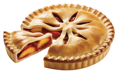 Delicious strawberry peach pie with flaky crust and slice removed, perfect for summer picnics or holiday desserts, bringing warmth and comfort for family gatherings