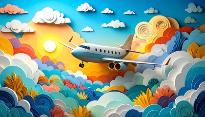 Colorful paper cut airplane in a vibrant sky scene