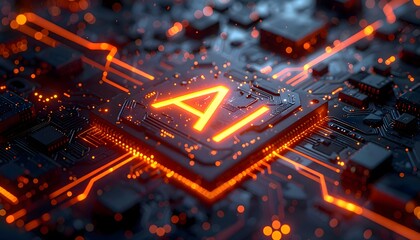 Close-up of a glowing AI chip on a futuristic circuit board, illustrating advanced artificial intelligence and data processing.