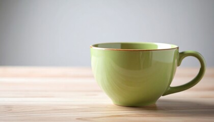 Green cup with brown trim on a wood table against a gray background