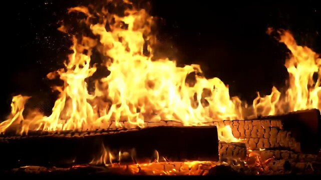 Vibrant fire flames burning on wooden logs with dark background warmth energy power