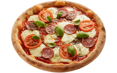 Delicious pepperoni pizza with fresh basil and ripe tomatoes, perfect for a restaurant menu or food blog, inviting and appetizing, ready to enjoy with friends