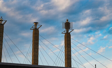 Bartle Hall Pylons. Building design. Modern architecture. Modern building architecture against blue sky. Architectural pylon detail. Exterior of building with pylon