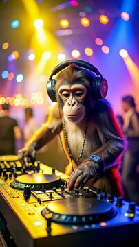 Monkey DJ wearing headphones playing music on turntable at nightclub, colourful lights, party, blurred people, nightlife, modern style, fun