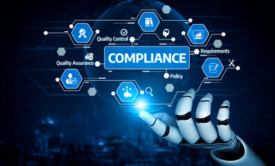 A robotic hand interacts with digital compliance concepts, showcasing essential elements like quality control, assurance, and policy in a futuristic environment. Tessel