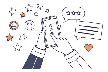 Character hand hold smartphone and use artificial intelligence to fill survey form, give feedback, customer evaluation rating. User experience concept. Vector illustration. 