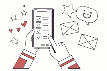 Character hand hold smartphone and use artificial intelligence to fill survey form, give feedback, customer evaluation rating. User experience concept. Vector illustration. 