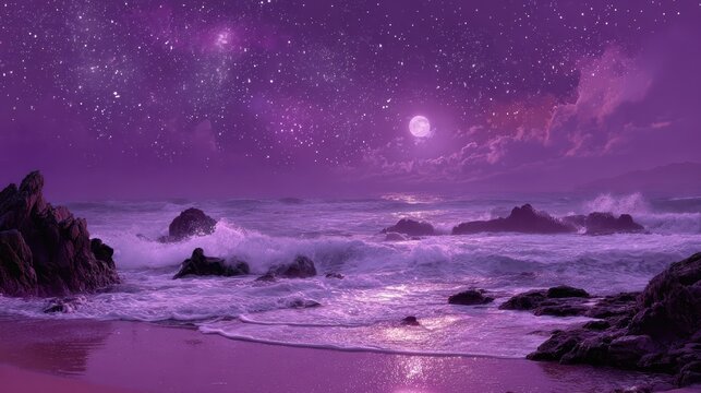 A tranquil purple night seascape showcases a moonlit beach, with crashing waves and dramatic rock formations under a starry sky.