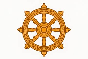 Symbolic representation of the Dharma wheel in vibrant gold color reflecting ancient wisdom and mindfulness culture highlighting peace and spiritual journey captured with clarity