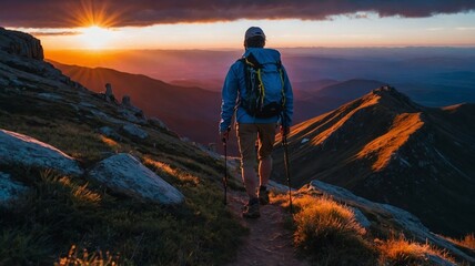 Hiker walks on mountain path at sunrise with sun rays