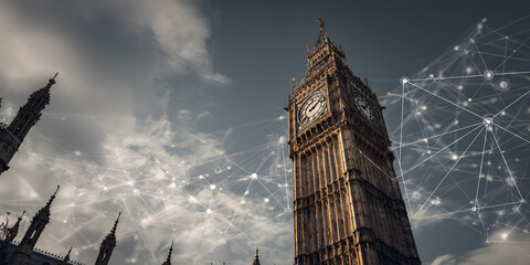 London Big Ben with connected digital network nodes in the sky, smart city and IoT concept
