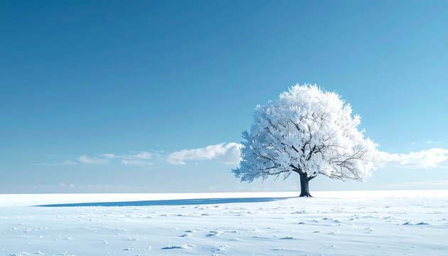 Solitary snow-covered tree in vast winter landscape