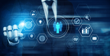 Naklejka premium AI coordinating business teamwork, analyzing team communication, enhancing productivity, and aligning digital performance goals through structured collaboration systems. Vouch