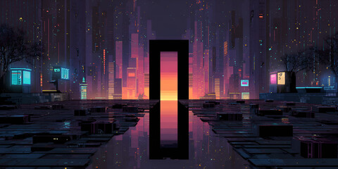 Sci-fi digital cityscape with glowing monolith portal and pixelated background
