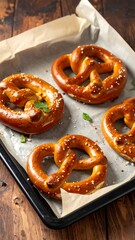 Freshly baked pretzels on a baking sheet