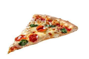 Delicious pizza slice with pepperoni and basil isolated on white background food photography