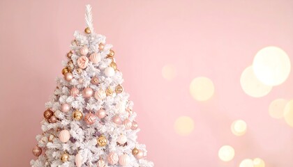 White christmas tree decorated with pink and gold ornaments against a pink backdrop