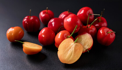 Fresh Sliced And Whole Acerola Cherries On Dark Backdrop