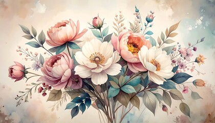 Watercolor bouquet with pink, peach, and white flowers against a soft blended background