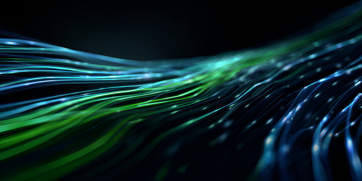 Flowing green and blue fiber lines on dark background, data stream and motion technology concept
