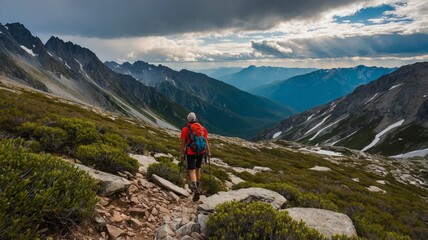 Fototapeta premium Hiker walks on rocky mountain trail with expansive valley view