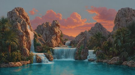 A tranquil paradise unfolds, with cascading waterfalls, lush greenery, and dramatic rocky formations bathed in the warm hues of sunset.