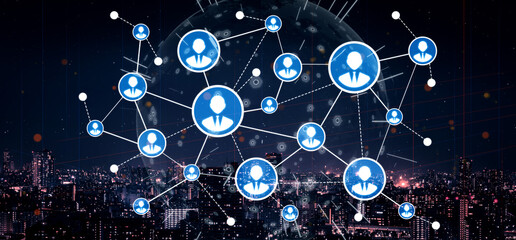 This image showcases a digital network concept featuring icons representing people interconnected over a vibrant city skyline at night, emphasizing technology and communication. Tessel