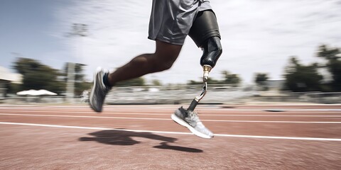 Athlete running on track with advanced prosthetic leg. Dynamic movement, speed and strength captured in motion blur. Modern sports technology and resilience