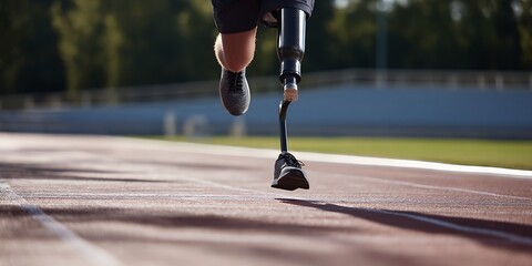 Close-up of runner with prosthetic limb mid-stride on track. Energy, progress and strength shown in athletic training and adaptive technology