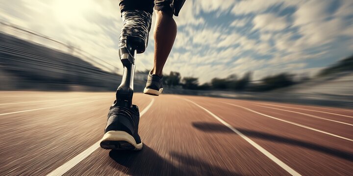 Runner sprinting with prosthetic limb on track. Close-up action  of human power and athletic ability