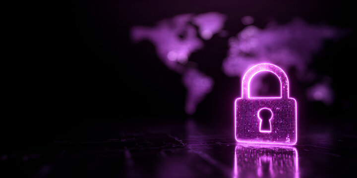 Glowing violet padlock icon with world map background, digital cybersecurity and global privacy concept
