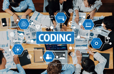 A dynamic team collaborates on coding and data analysis projects, surrounded by modern technology and visual data presentations in an inspiring office environment. Amity