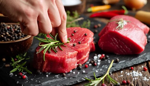On cutting kitchen table there are fresh raw beef veal meat tenderloin. Raw beef tenderloin and spices, set of products for cooking baked and fried steak
