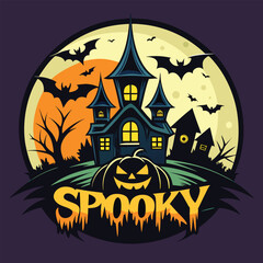 Spooky Halloween Emblem Design with Haunted House, Pumpkin Face, Bats, and Full Moon in Dark Horror Style for Party Poster, Banner, or Sticker