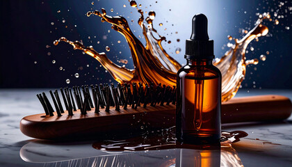 Hair Serum Bottle with Hair Comb. Cosmetics concept. Generated Image
