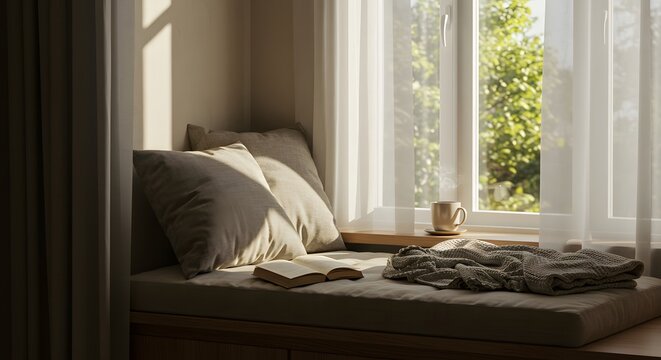 Cozy sunlit window seat with cushions, open book, and warm drink, perfect for quiet relaxation and reading - Powered by Adobe
