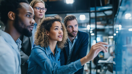Modern business team collaborating around digital screen in sleek office, diverse professionals brainstorming creative strategies together